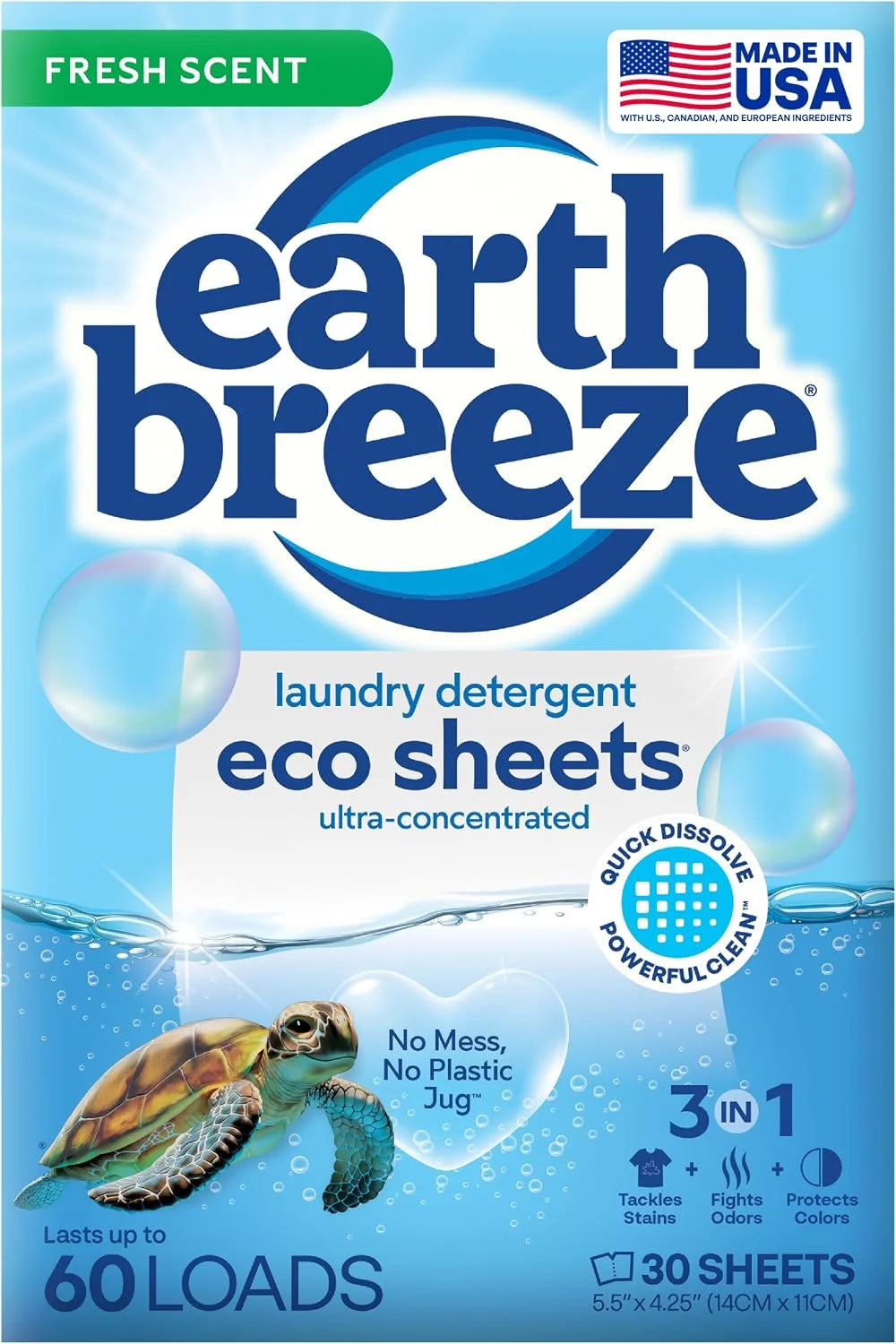 Earth Breeze Laundry Detergent Sheets Fresh Scent 60 Loads | Eco Liquidless Soap - Travel-Friendly for Hot & Cold Cycles, Tackles Tough Stains & Odors - Gentle on Skin